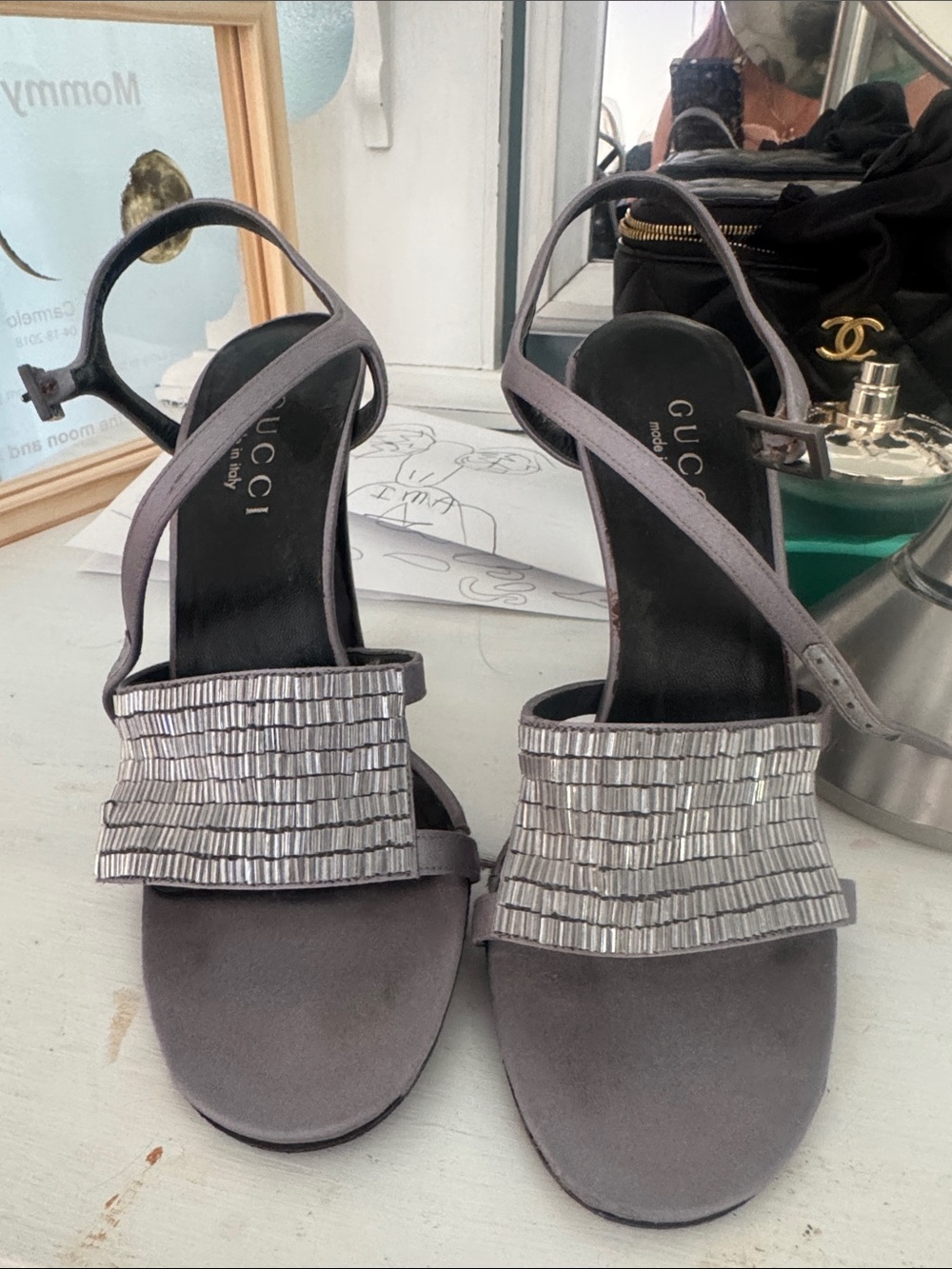 Gucci Gray Suede Heeled Sandals with Silver Beaded Strap
